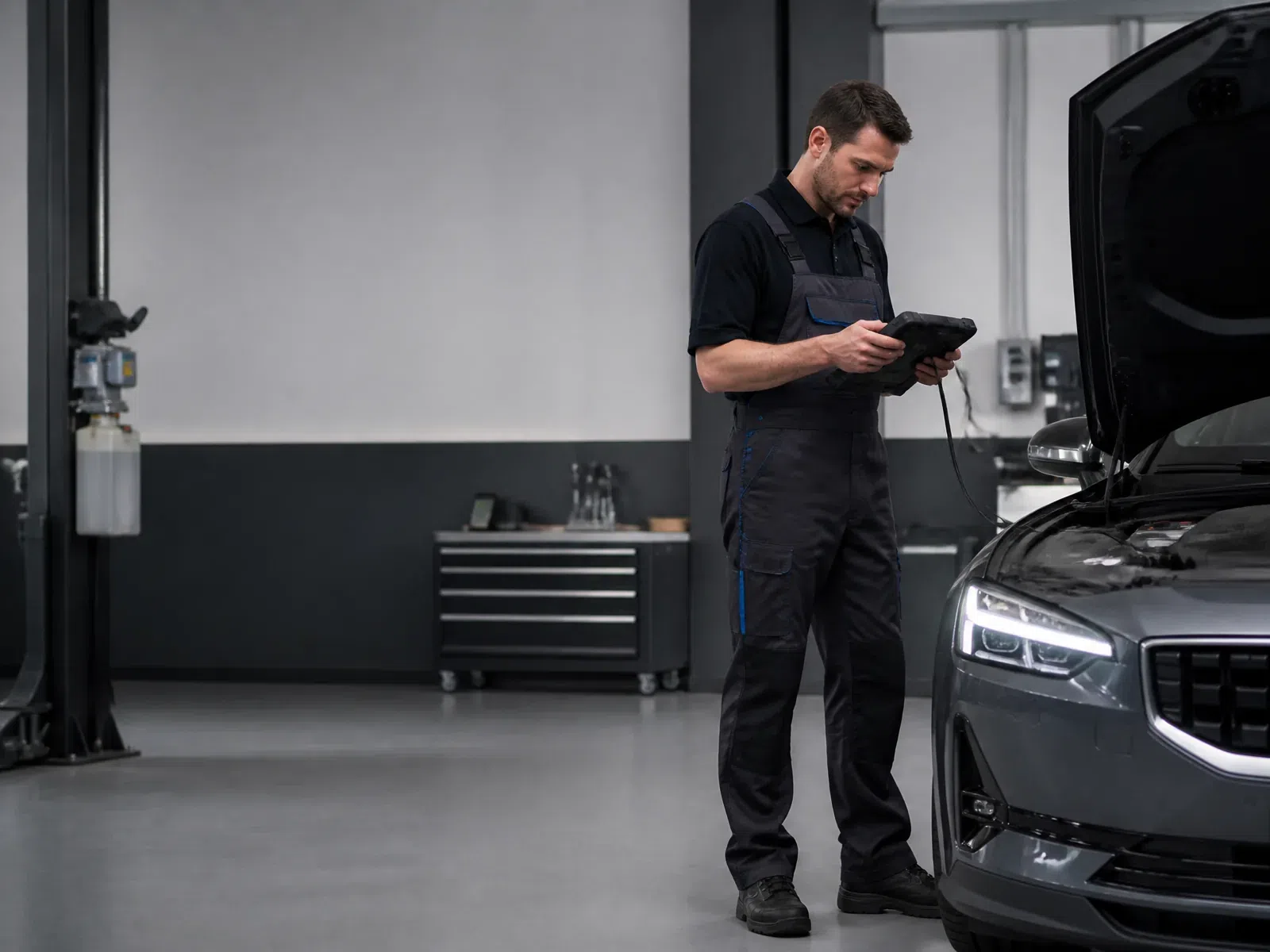 Mechanik IRMAR diagnozujący samochód w warsztacie